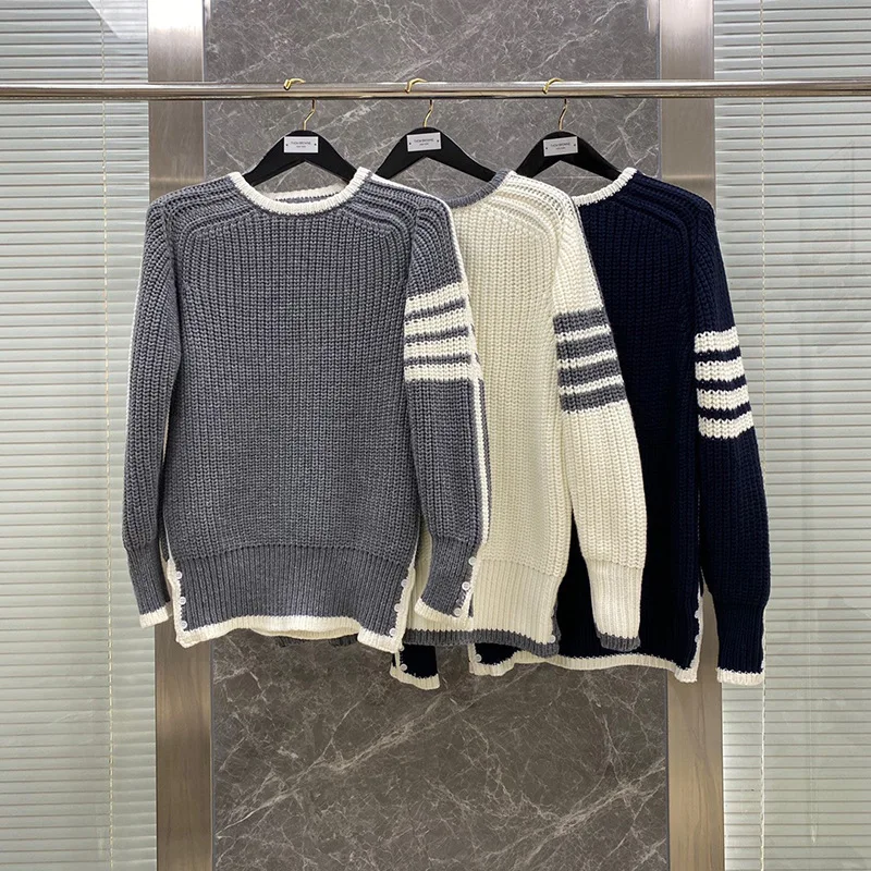 

THOM BROWNE Women's Sweater Wool 4-Bar Stripes Crew Neck Pullovers Winter Fashion Korean Style Loose Soft Casual Knit Sweater