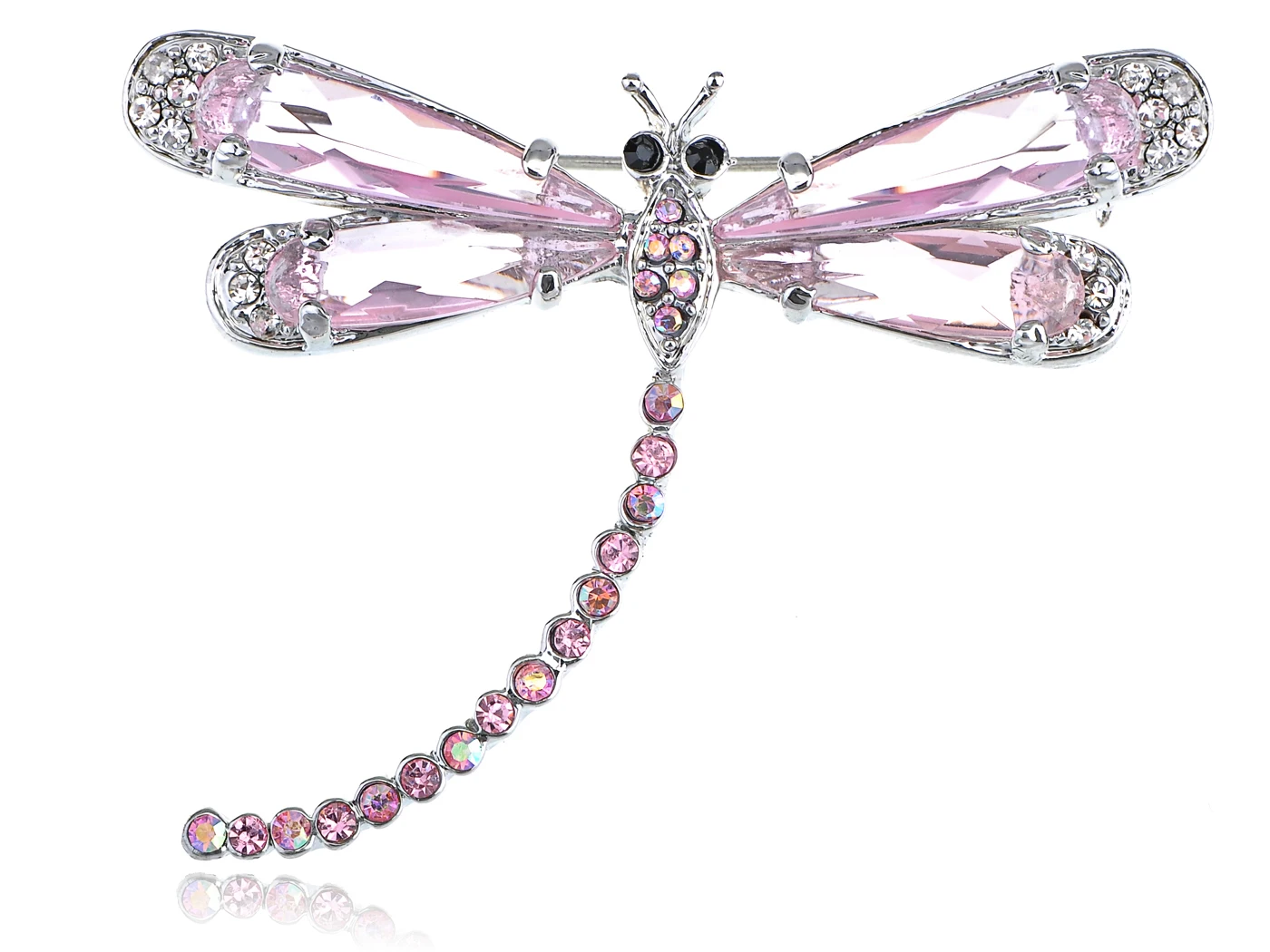

Womens Silvery Tone Aurora Borealis Pink Clear Crystal Rhinestones Dragonfly Brooch Pin