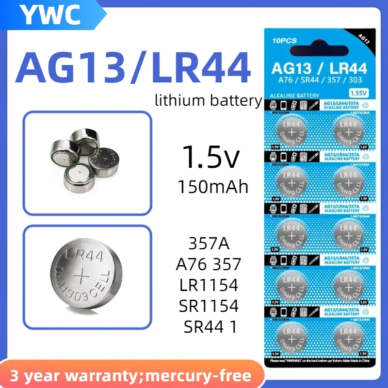 

AG13 LR44 1.55V Alkaline Battery A76 357 357A LR1154 SR1154 SR44 Button Coin Cell For Watch Calculator Car Key Remote Clock