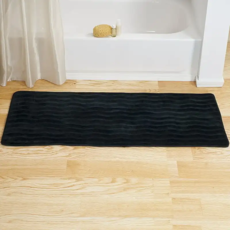 

Memory Foam Bathmat – Oversized Padded Nonslip Accent Rug for Bathroom, Kitchen, Laundry Room, Wave Pattern by (Black)