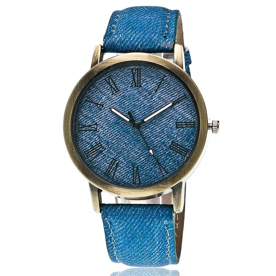

Fashion Casual Womens Mens Quartz Wristwatches Blue Denim Rome Literal Bronze Simple Design Cowboy Watches Relogio Masculino