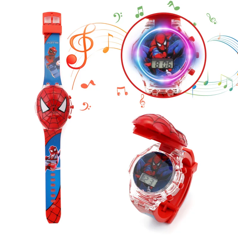 Часы Детские Мультяшные с супергероями цветные светящиеся музыкой для мальчиков