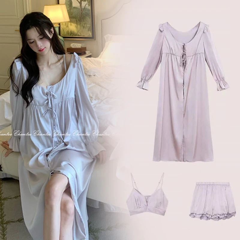 Satin Silk Pajamas Set Women 3PC Strap Top Pants Lace Sleepwear Autumn Pyjamas Home Wear Nightwear Robe Gown S-XXL
Satin Silk Pajamas Set Women 3PC Strap Top Pants Lace Sleepwear Autumn Pyjamas Home Wear Nightwear Robe Gown S-XXL