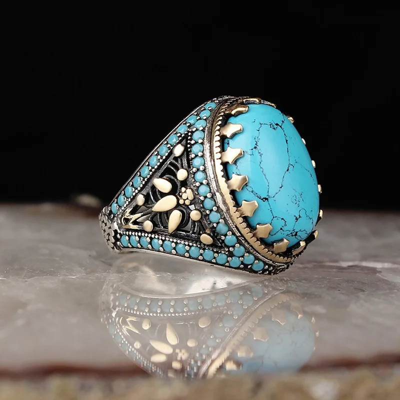 Vintage Oval Natural Turquoise Rings for Men Punk Metal Two Tone Inlaid Blue Stone Wedding Ring Turkish Jewelry
Vintage Oval Natural Turquoise Rings for Men Punk Metal Two Tone Inlaid Blue Stone Wedding Ring Turkish Jewelry