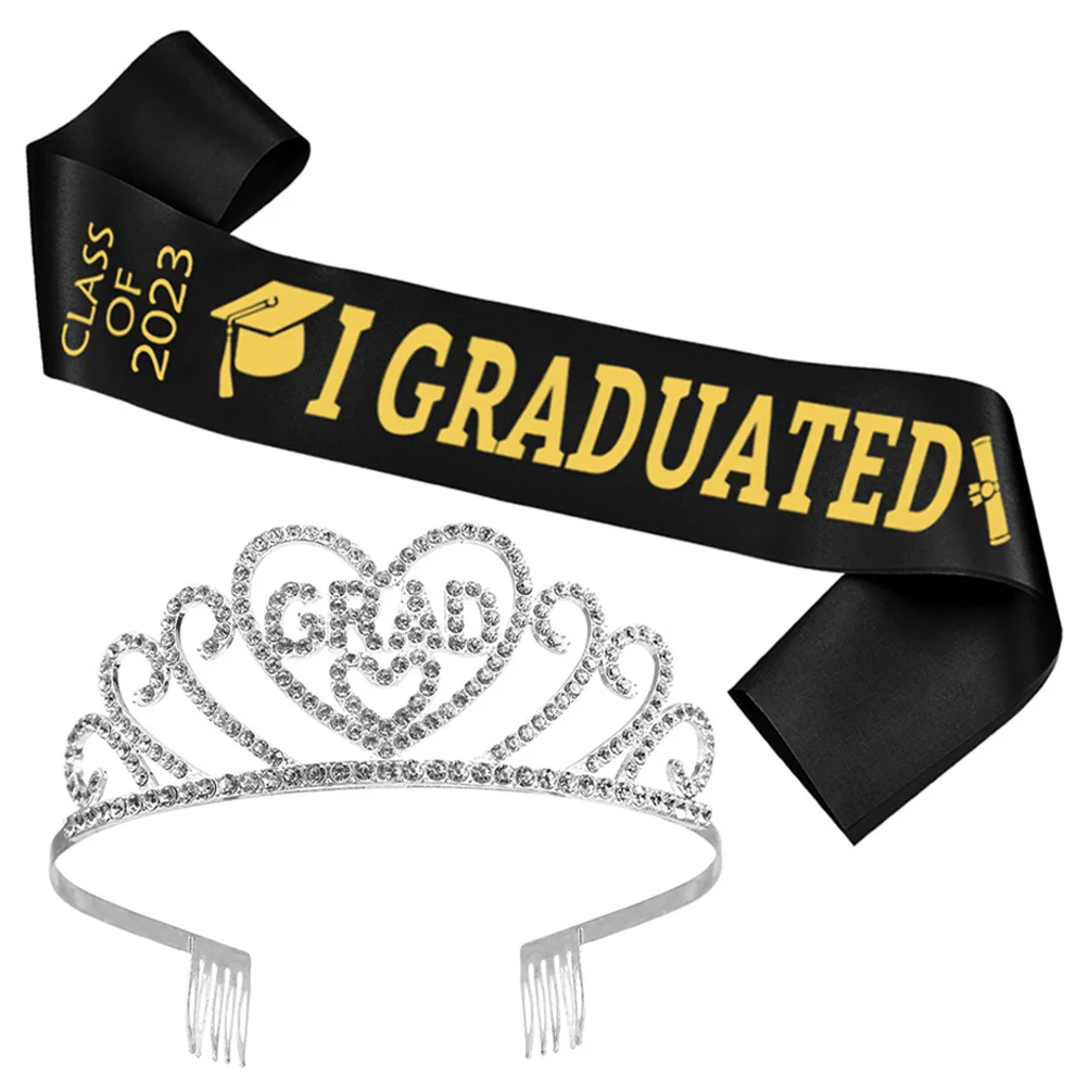 

Graduation Grad Sash Party Tiara Headband Supplies Favors Senior Class Graduate Decorations Crystal Satin Shiny Rhinestone Decor