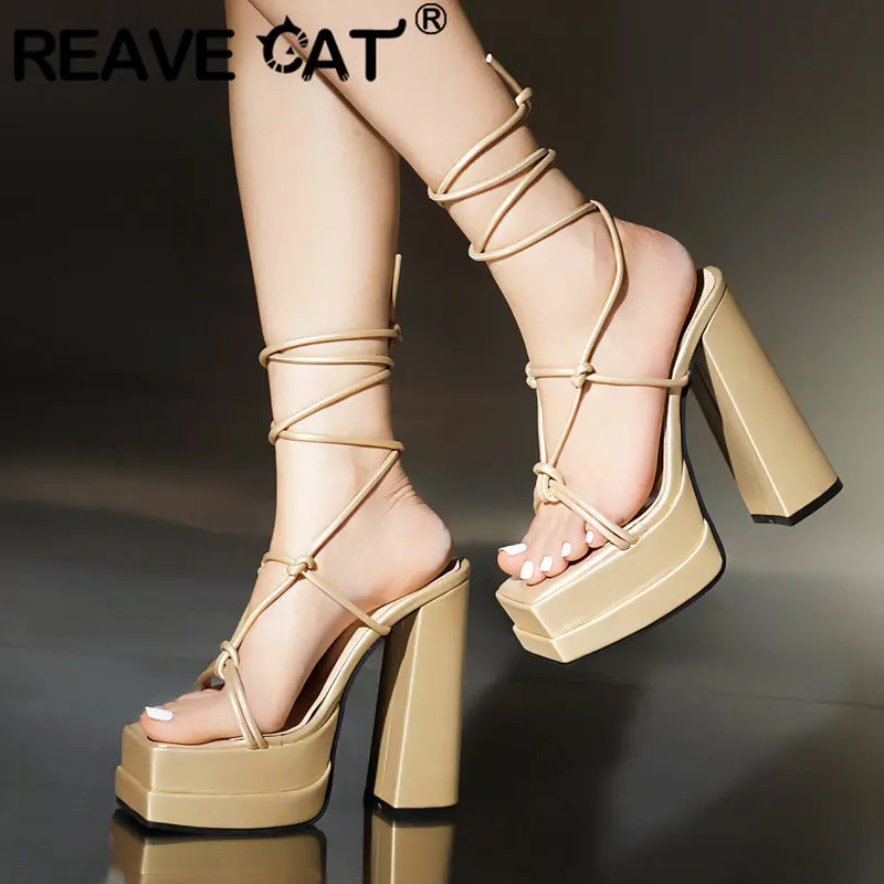 

REAVE CAT Women Sandals Square Toe Chunky High Heels 14cm Double Platform 5cm Crossover Strap Plus Size 45 46 47 48 Sexy Shoes