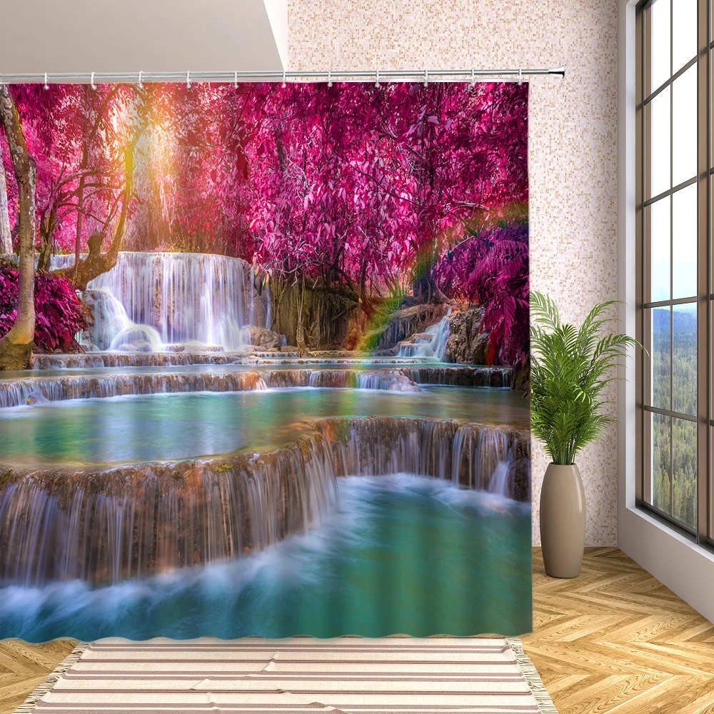 

Tropical Jungle Waterfall Shower Curtain Spring Green Primeval Forest Park Natural Scenery Bathroom Decor with Hooks Bath Screen