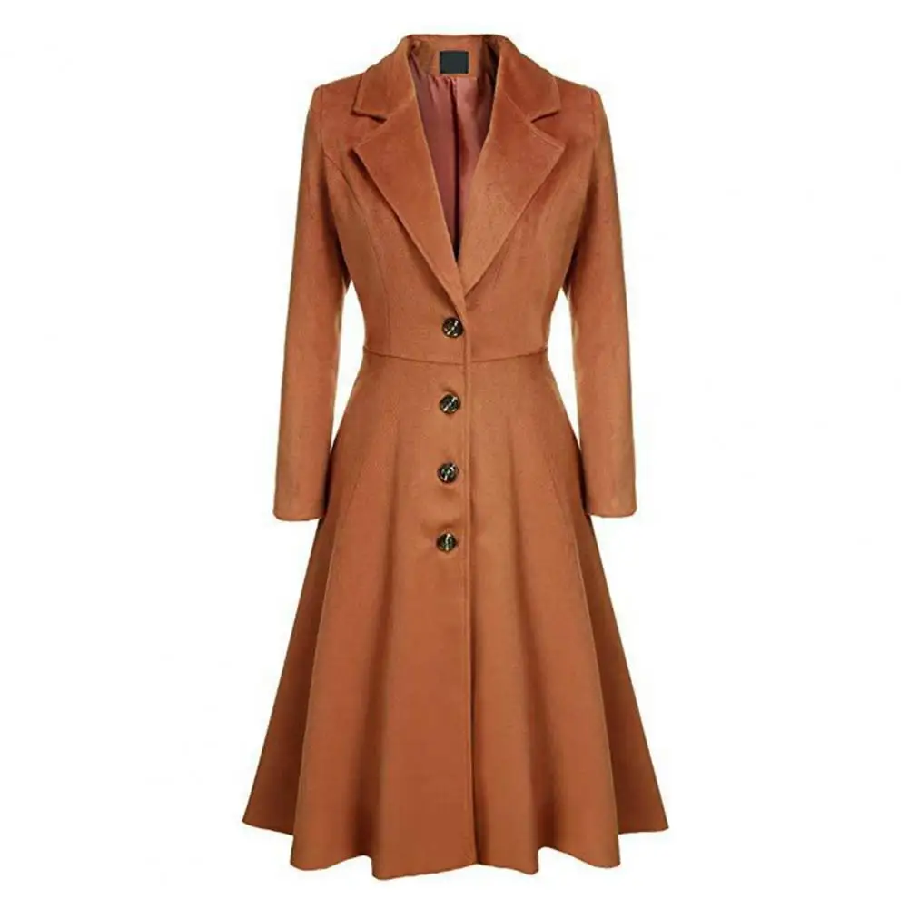 

Lapel Long Sleeves Pockets Waist Tight Skater Hem Woolen Coat Women Autumn Winter Buttons Placket Solid Long Casual Overcoat