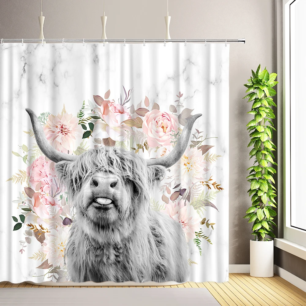 

Highland Cow Bull Shower Curtains Funny Farmhouse Cattle Sunflower Marble Floral Plant Fabric Decor Bathroom Curtain with Hooks