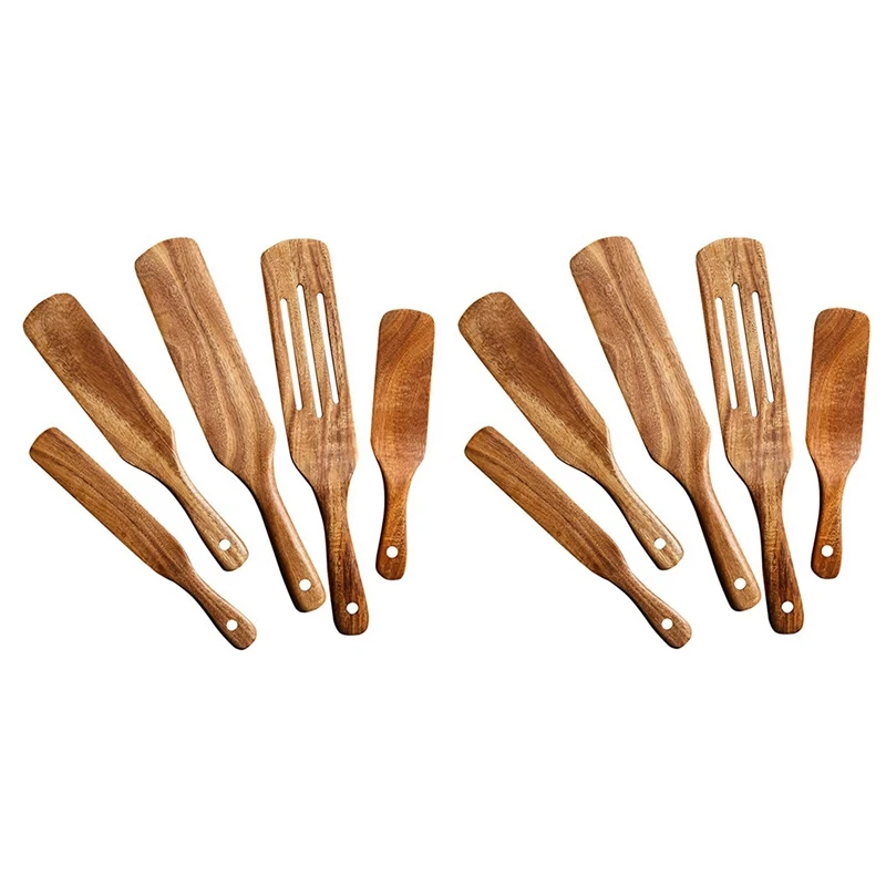

LUDA Wooden Spurtles Set (10Pcs) - Teak Wood Kitchen Tools Set - Heat Resistant Non Stick Wood Cookware For Stirring & Mixing