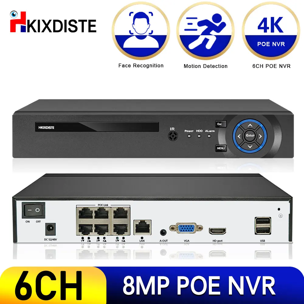 

H.265 4+2/6CH POE NVR 4K 8MP 5MP 4MP 2MP Security IP Camera Video Surveillance CCTV System P2P Network Recorder Face Detect