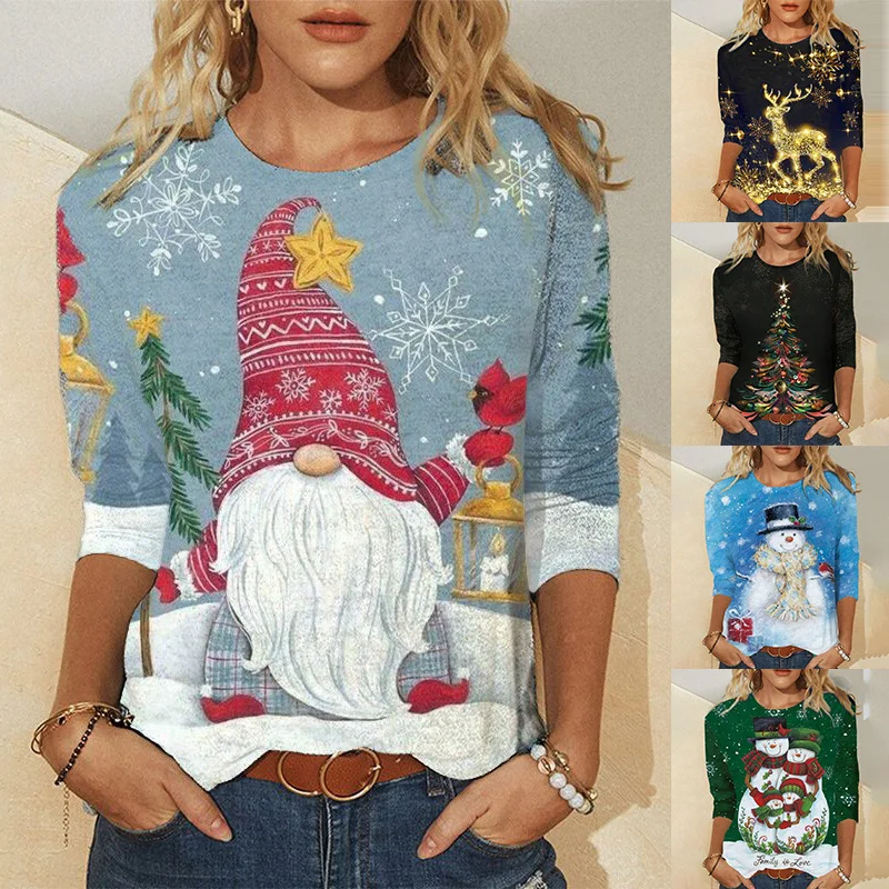 Женская футболка с круглым вырезом, длинным рукавом и рождественским принтом 
Женская футболка с круглым вырезом, длинным рукавом и рождественским принтом