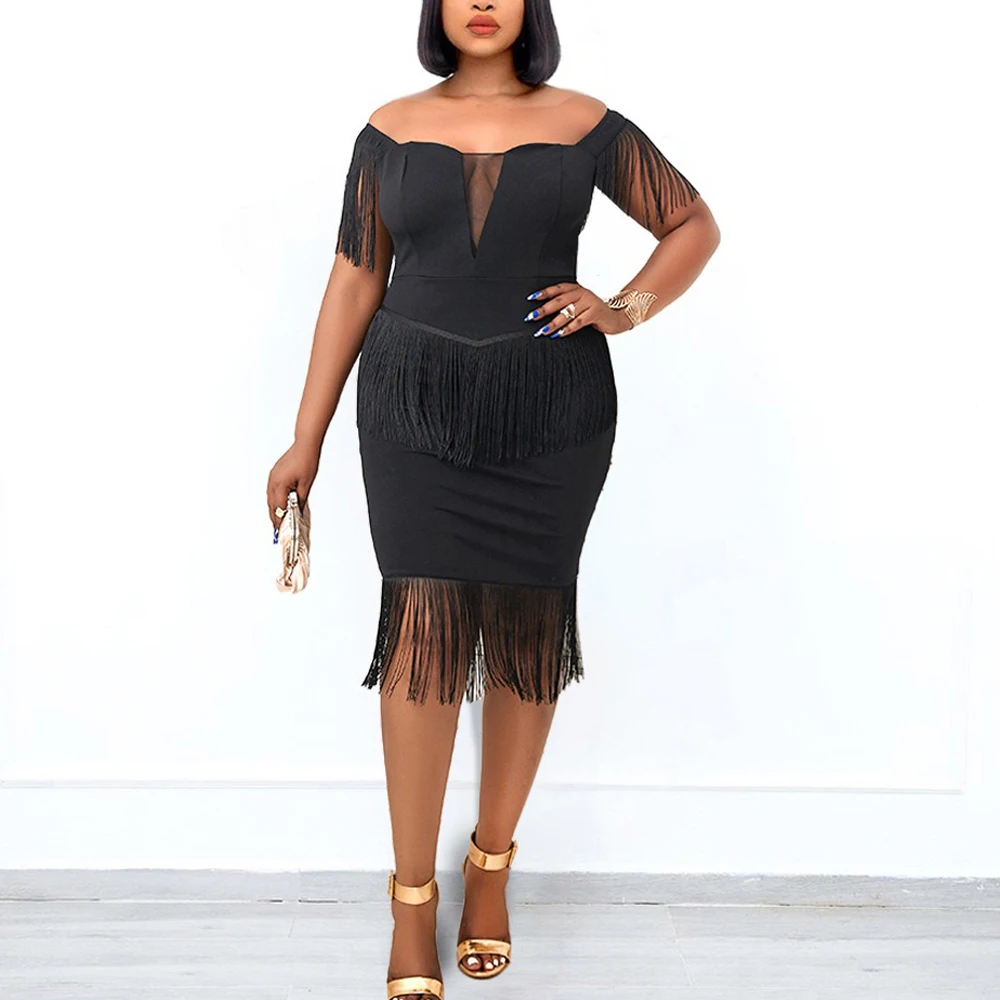 Black Bodycon Tassel Dresses for Women Off the Shoulder Short Sleeve High Waisted Mid Calf Sexy Elegant Evening Party Dress Hot
Black Bodycon Tassel Dresses for Women Off the Shoulder Short Sleeve High Waisted Mid Calf Sexy Elegant Evening Party Dress Hot