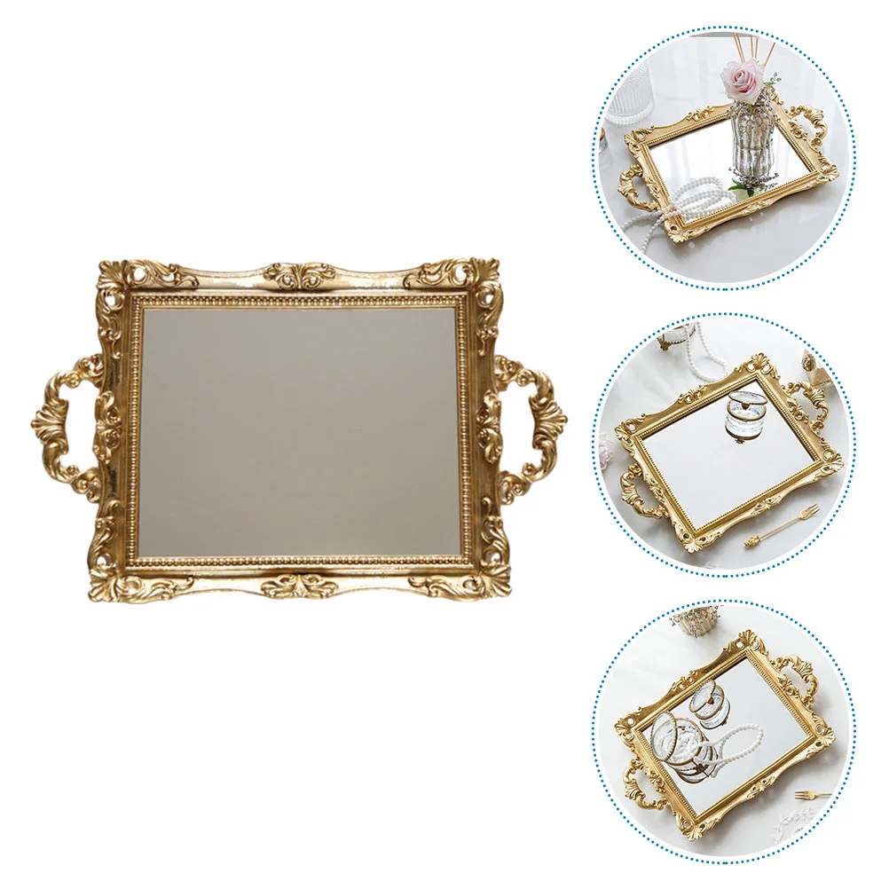 

Tray Mirror Vanity Trays Jewelry Mirrored Decorative Organizer Plate Storage Retro Serving Gold Makeup Dresser Perfume Bathroom