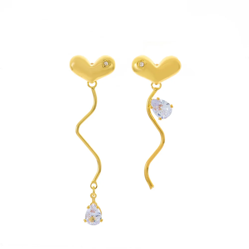 

Ins Asymmetric Love Heart Stud Earrings Fashion Temperamental Minority Design Long Fringed Zircon Peach Heart Earrings