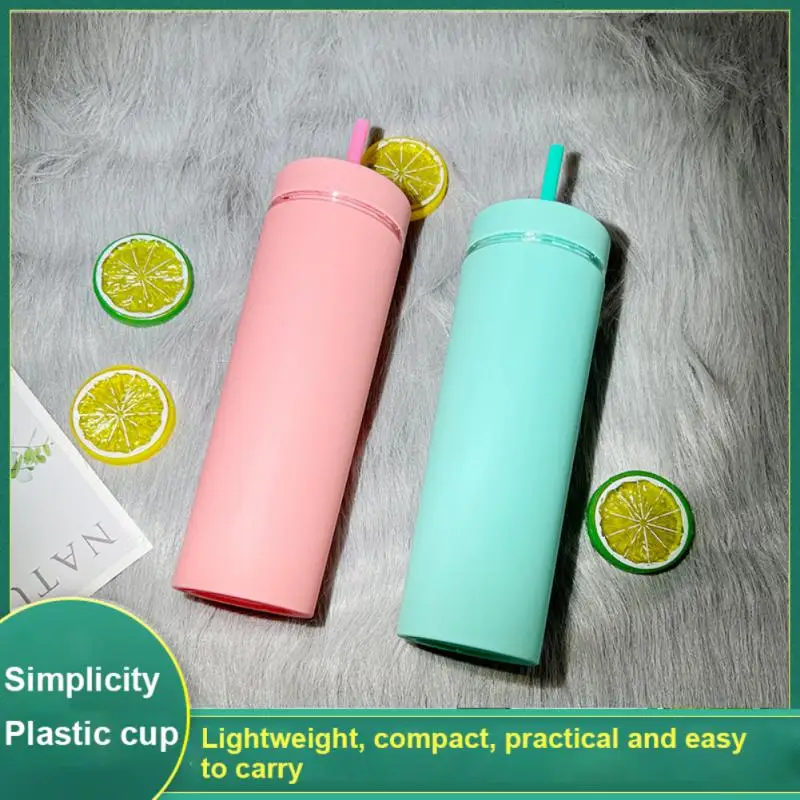 

500ml Double-layer Frosted Cup Fashion Multi-color Water Cup With Straw And Lid Leak-proof Portable Water Cup Household Cup