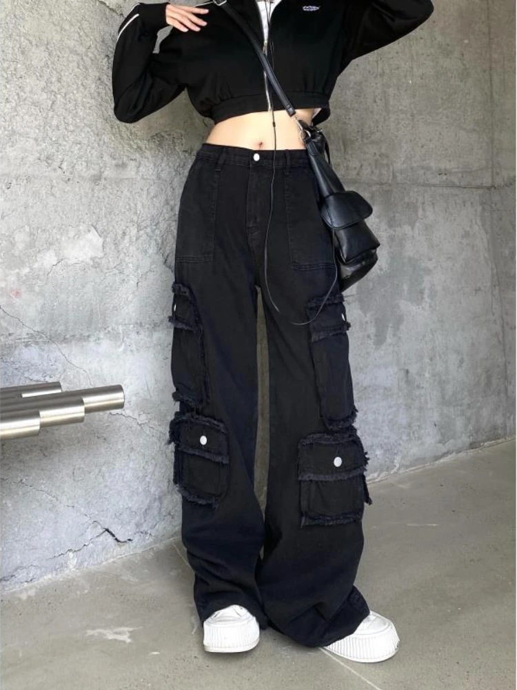 

2023 хиппи готические брюки оверсайз с широкими штанинами джинсовые брюки-бойфренды Y2K гранж черные женские Harajuku джинсы карго уличная одежда