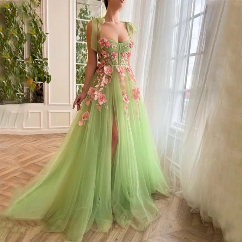 Sweetheart Spaghetti Straps Floral 3D Flowers Slit Pleats Tulle Lace Up Prom Gowns Evening Dress Vestidos Formatura
Sweetheart Spaghetti Straps Floral 3D Flowers Slit Pleats Tulle Lace Up Prom Gowns Evening Dress Vestidos Formatura