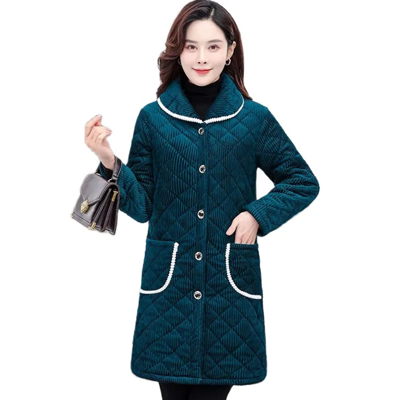 

Middle-aged Elderly Women Corduroy Coat New Winter Jacket Parkas Velvet Cotton Padded Jacket Female Long Outerwear 5XL Overcoat