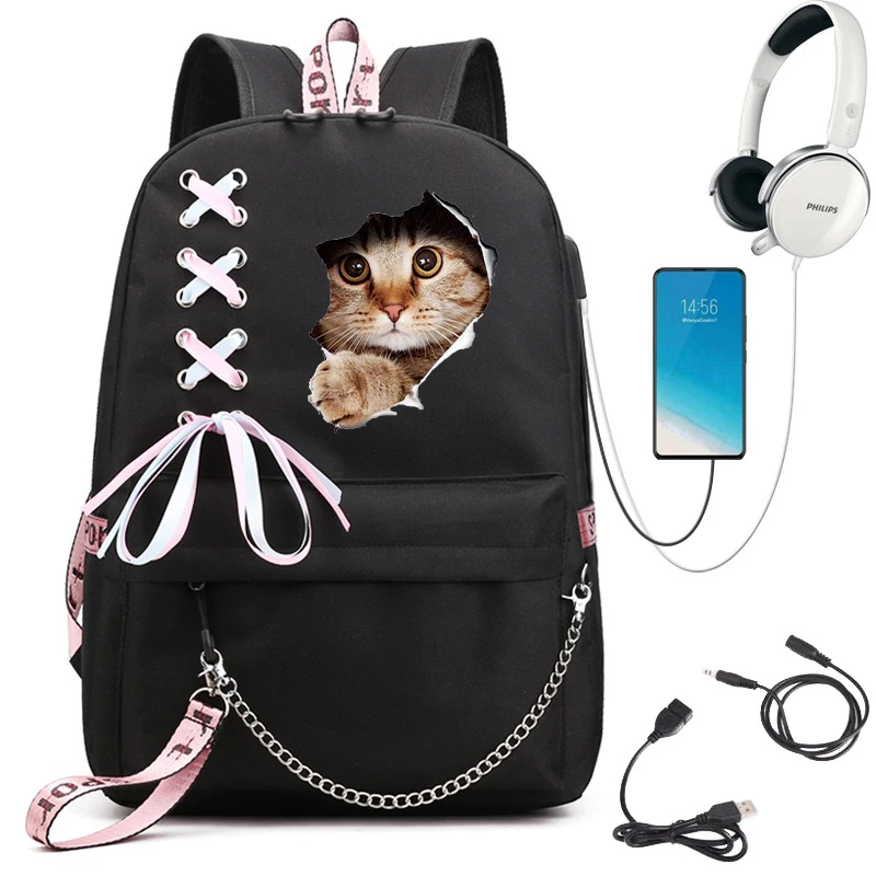 Kawaii рюкзак с принтом кота модный женский школьный черный для девочек-подростков