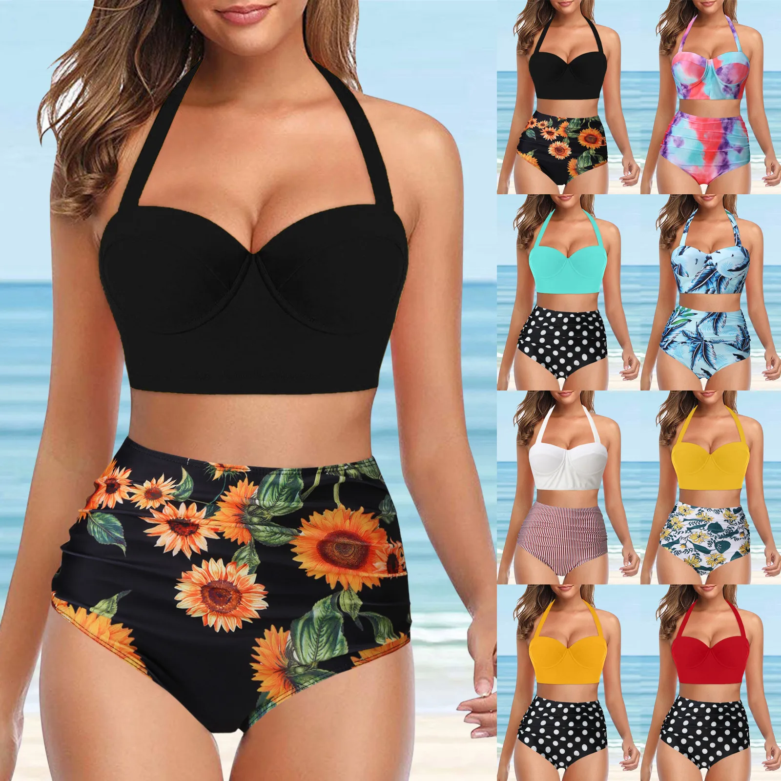 Women Two Pieces Bikini Set Sunflower Lace Up Halter Tankini High Waist Swimwear Swimsuit Ladies Summer Beachwear Bathing Suit
Women Two Pieces Bikini Set Sunflower Lace Up Halter Tankini High Waist Swimwear Swimsuit Ladies Summer Beachwear Bathing Suit