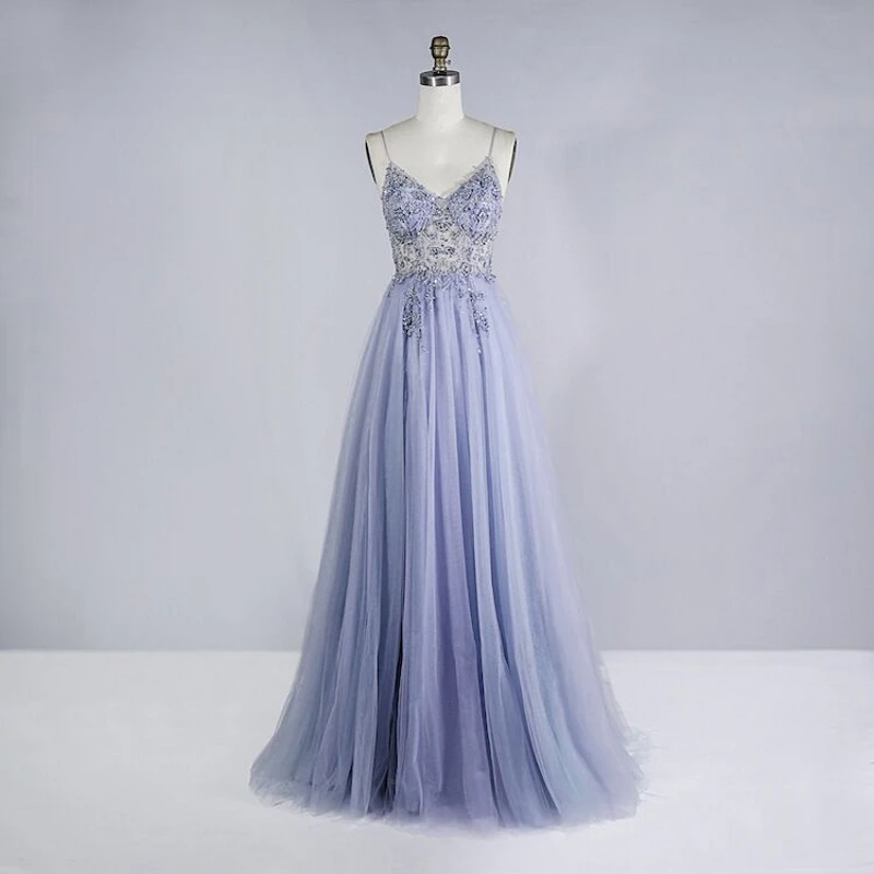 Beaded Crystal Prom Dresses Long Sexy See Through A-Line Tulle V Neck Spaghetti Straps Evening Formal Gown vestidos para mujer
Beaded Crystal Prom Dresses Long Sexy See Through A-Line Tulle V Neck Spaghetti Straps Evening Formal Gown vestidos para mujer