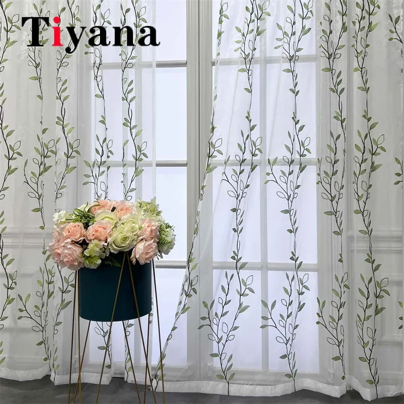 

Pastoral Green Willow Leaf Embroidery Sheer Tulle Bedroom Window Curtains For Living Room Balcony Voile Polyester Cotton Drapes