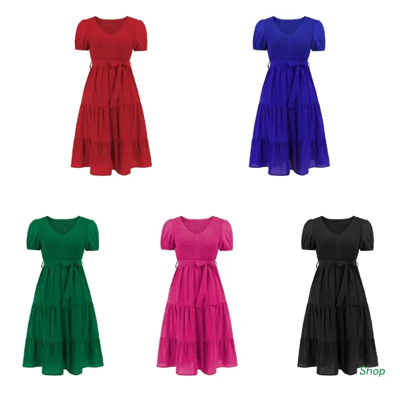L5YC Women Puff Short Sleeve Smocked Plain A-Line Ruffle Hem Swing Belted Midi Dress
L5YC Women Puff Short Sleeve Smocked Plain A-Line Ruffle Hem Swing Belted Midi Dress