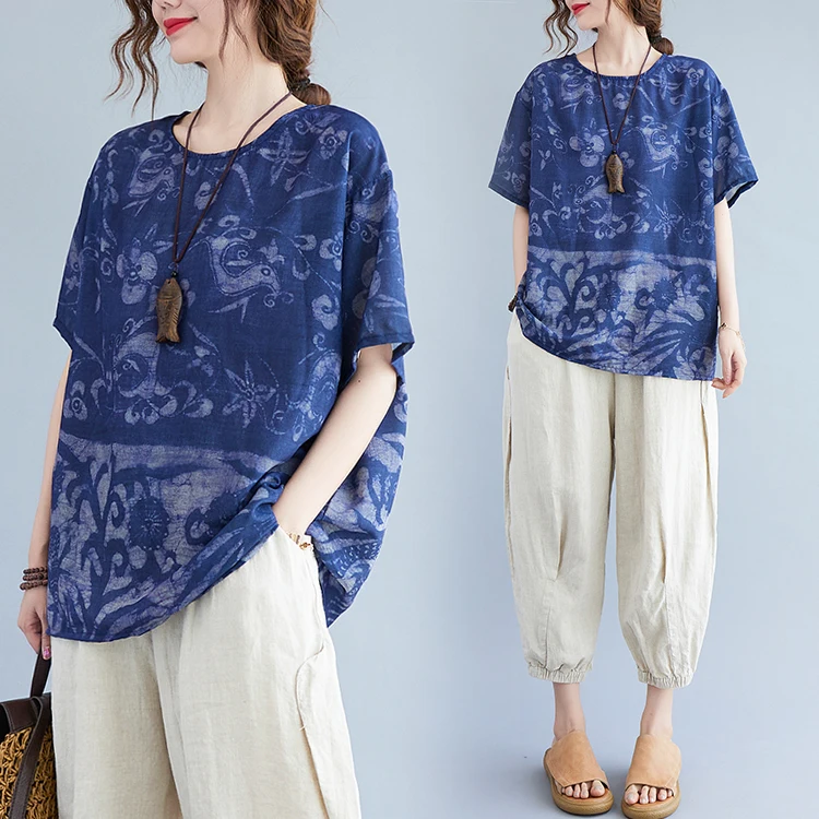2022 Artistic Temperament Comfortable Loose Short Sleeve T-shirt Top Printed Fashion Blue Top 
2022 Artistic Temperament Comfortable Loose Short Sleeve T-shirt Top Printed Fashion Blue Top