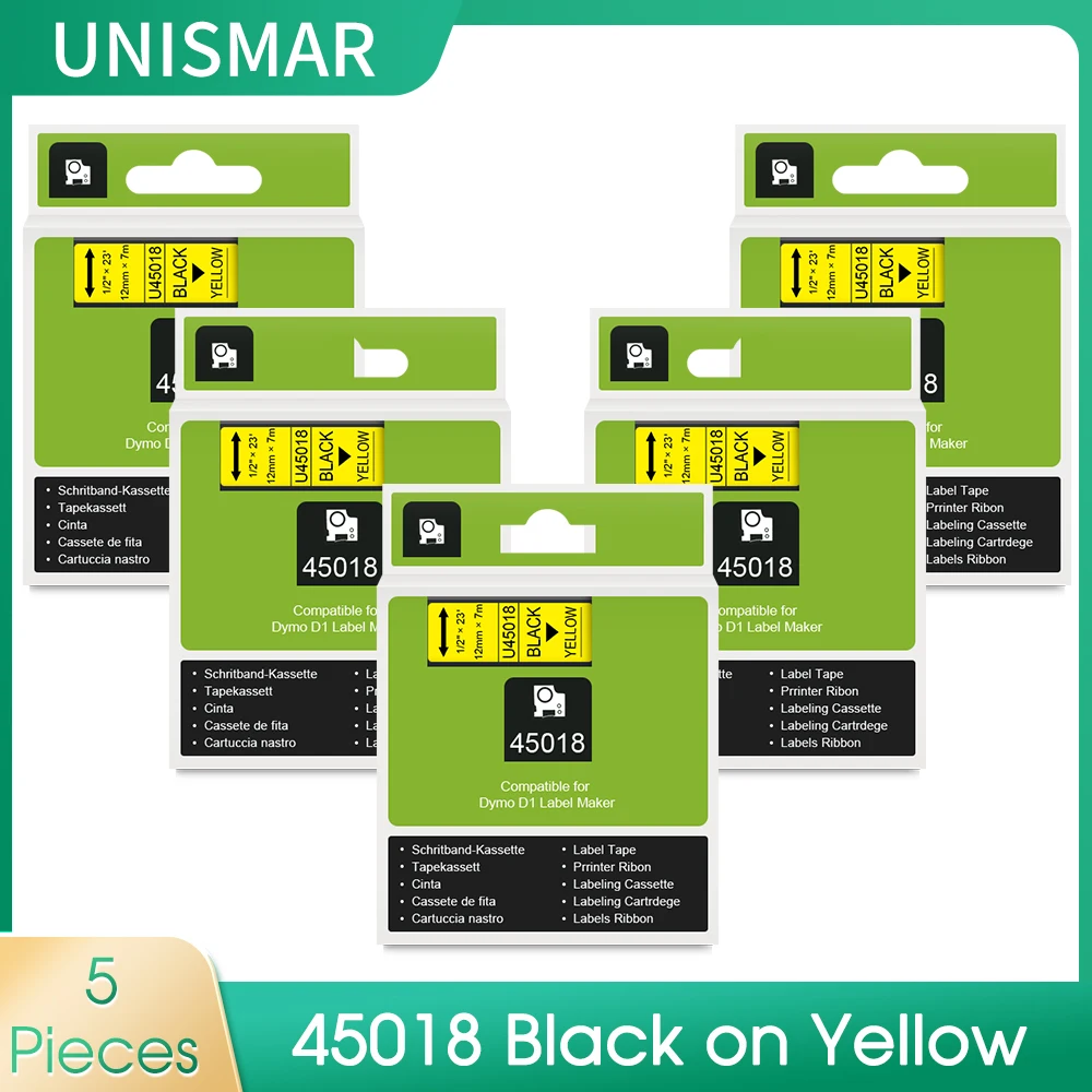 Unismar 5PCS Compatible dymo D1 12mm Tapes 45018 Black on Yellow Ribbon Cassette for Dymo Label Manager LM 160 280 Label Maker
Unismar 5PCS Compatible dymo D1 12mm Tapes 45018 Black on Yellow Ribbon Cassette for Dymo Label Manager LM 160 280 Label Maker