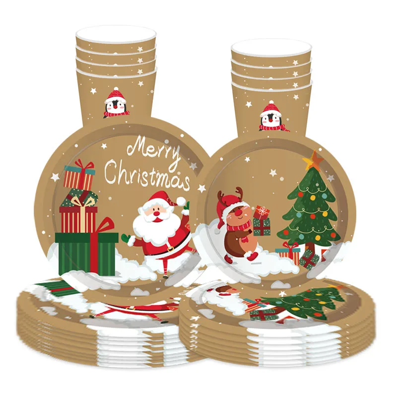

8Guests Christmas Theme Disposable Tableware Cartoon Santa Claus Elk Snowman Penguin Plates Cups Napkins Merry Christmas Decor