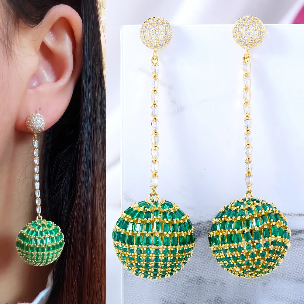 

Kellybola серьги Gorgeous Shiny Long Green Ball CZ Drop Earrings Full Cubic Zirconia for Women Wedding Trendy Earrings Bijoux