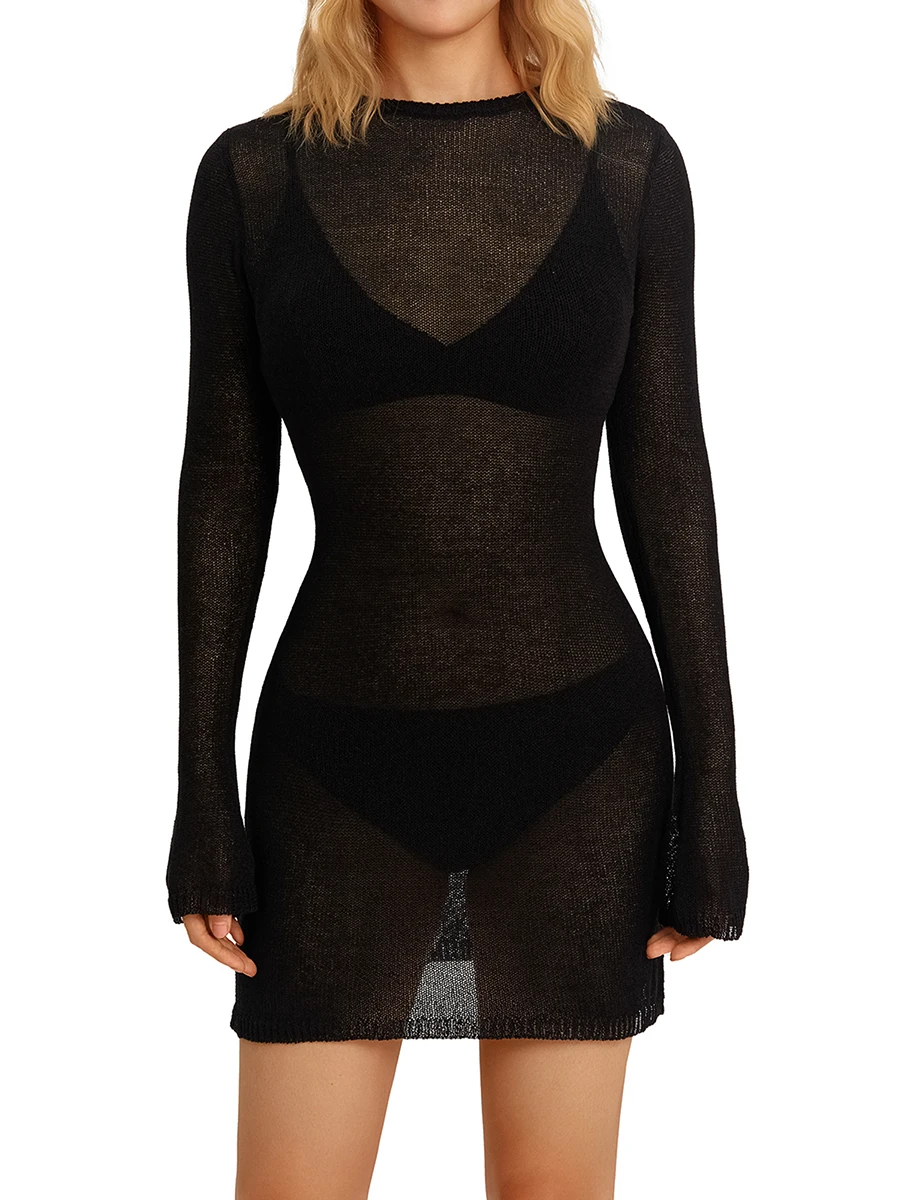 Women Crochet Knit Dress Sexy See Through Long Sleeve Solid Color Casual Sweater Short Dress Beach Cover Ups
Women Crochet Knit Dress Sexy See Through Long Sleeve Solid Color Casual Sweater Short Dress Beach Cover Ups