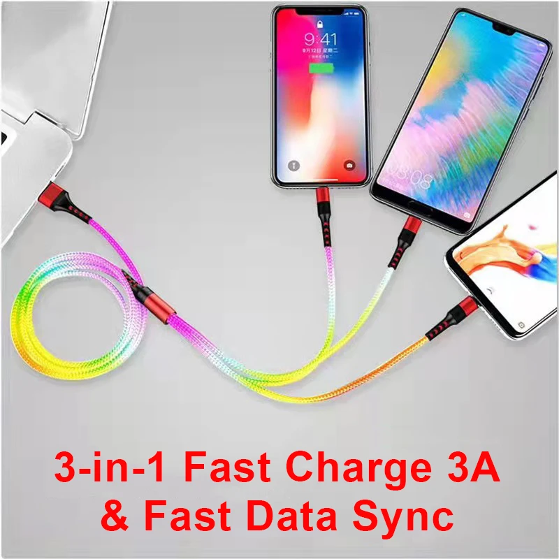 

YOCPONO 3-in-1 Universal Rainbow Phone Charging Cable 1.2m(3.9 ft) 3A Charge & Data Sync For Lightning Android TYPE-C Micro-USB