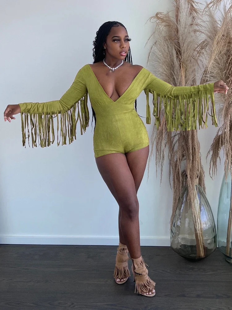 WUHE Suede Tassel Long Sleeve Deep V-neck Playsuits Trends Women Streetwear Hollow Out Solid Club Party Short Jumpsuit
WUHE Suede Tassel Long Sleeve Deep V-neck Playsuits Trends Women Streetwear Hollow Out Solid Club Party Short Jumpsuit