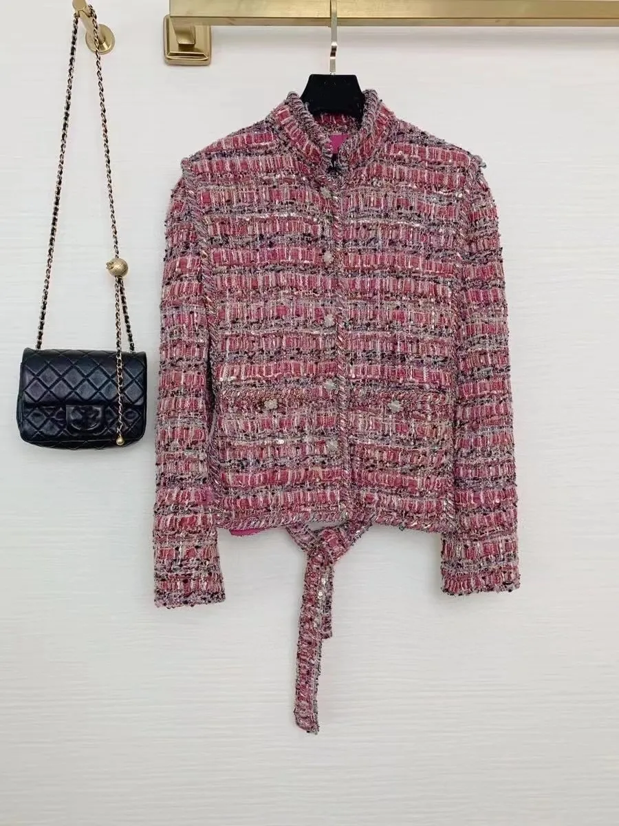 High Quality Early Autumn Women's Shiny Tweed Tweed Stand Collar Long Sleeve Single Breasted Pink Short Jacket
High Quality Early Autumn Women's Shiny Tweed Tweed Stand Collar Long Sleeve Single Breasted Pink Short Jacket