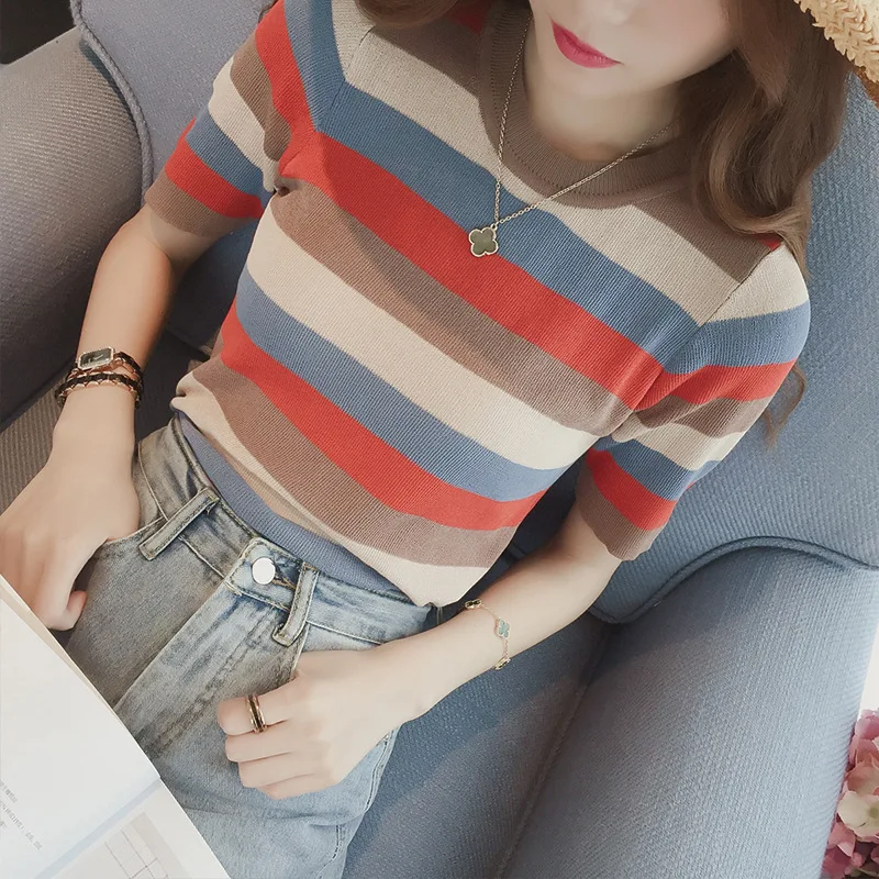 Women's Summer Knitted T-shirt 2022 New Fashion Casual Wild Striped Round Neck Short-sleeved Slim Bottoming Shirt T-shirt Tops
Women's Summer Knitted T-shirt 2022 New Fashion Casual Wild Striped Round Neck Short-sleeved Slim Bottoming Shirt T-shirt Tops