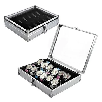 Useful Aluminium Watches Box 12 Grid Slots Jewelry Watches Display Storage Box Square Case Suede Inside Rectangle Watch Holder