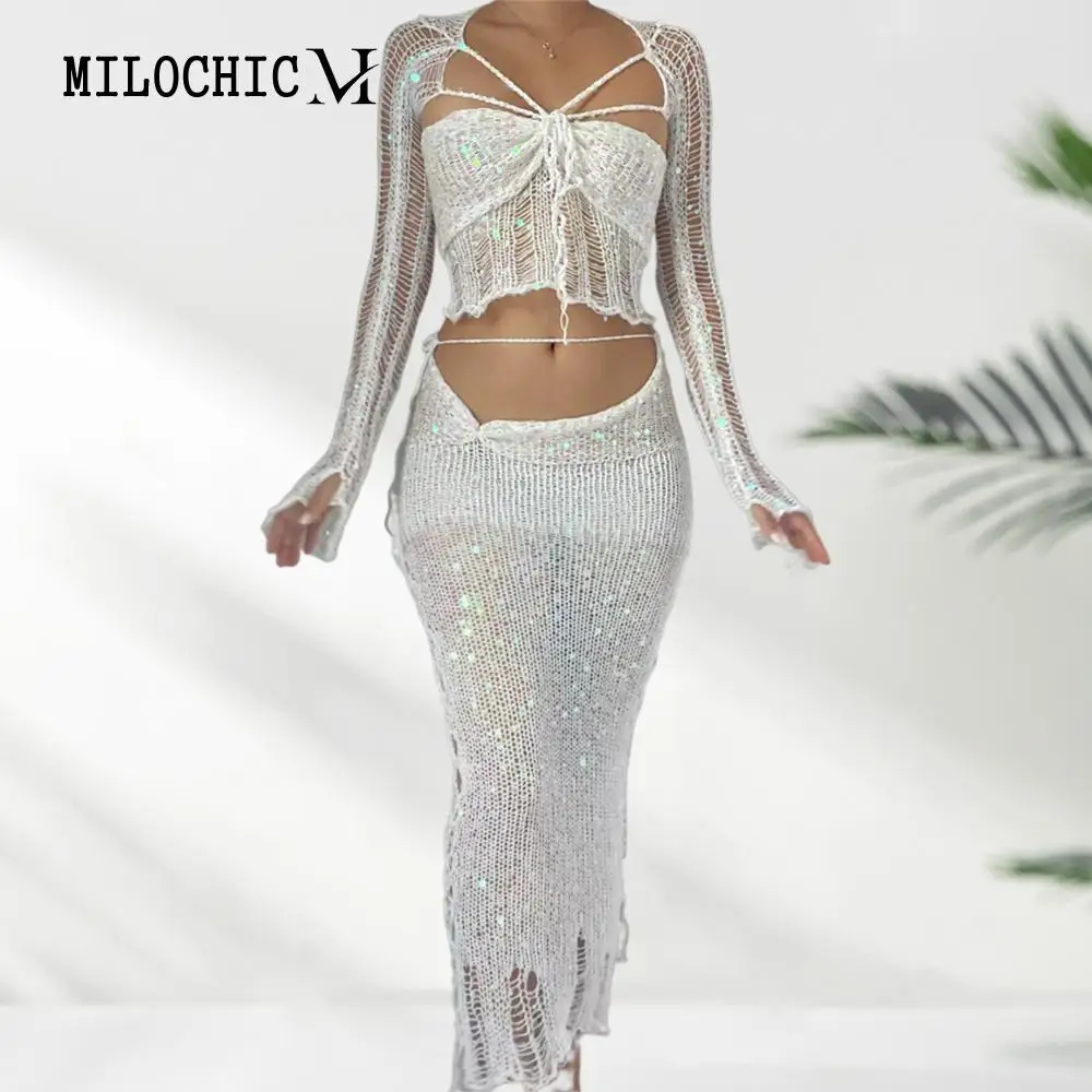 2PCs Sequins Crochet Crop Tops Midi Skirt Hollow Out Women Midi Bodycon Skirt Set Knitted 2pcs Lace Up Fashion Female Clothing
2PCs Sequins Crochet Crop Tops Midi Skirt Hollow Out Women Midi Bodycon Skirt Set Knitted 2pcs Lace Up Fashion Female Clothing
