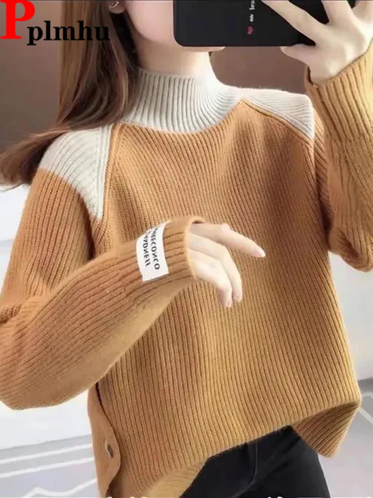 Winter Half High Neck Knitwear Pullovers Design Spliced Sweater Korean Fashion Malhas Jumpers Knitted Women Slim Pull Knit Tops
Winter Half High Neck Knitwear Pullovers Design Spliced Sweater Korean Fashion Malhas Jumpers Knitted Women Slim Pull Knit Tops