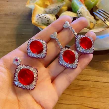 Vintage Lab Ruby Diamond Jewelry set 925 Sterling Silver Engagement Wedding Rings Earrings Necklace For Women Promise Jewelry