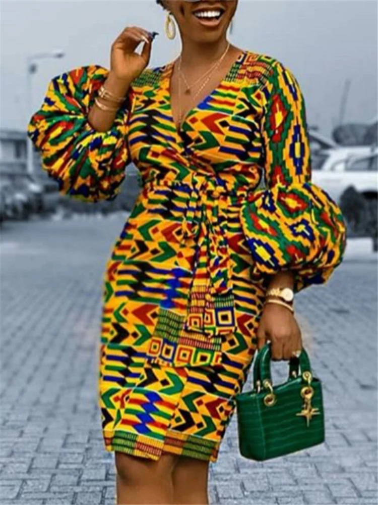 Africa Women Party Dress Print Puff Sleeve Sashes Wrap V Neck Dresses Big Size Slim Fit Robes Modest Vestido De Mujer
Africa Women Party Dress Print Puff Sleeve Sashes Wrap V Neck Dresses Big Size Slim Fit Robes Modest Vestido De Mujer