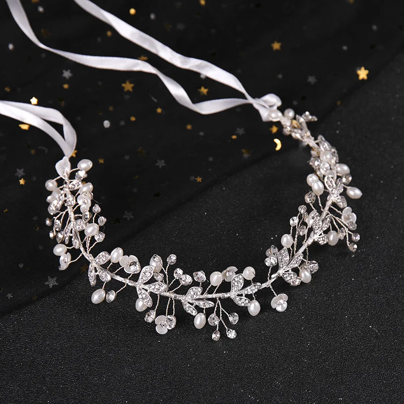 

SLBRIDAL Handmade Rhinestones Crystal Pearls Floral Leaf Bridal Wedding Tiara Headband Headpieces Women Jeweley Hair accessories