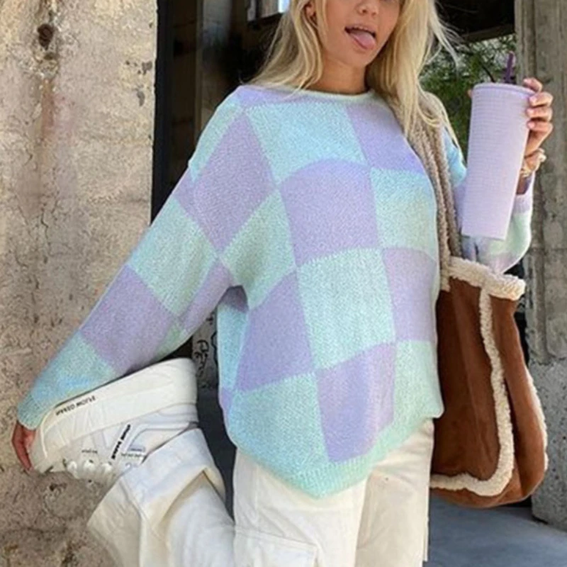 Casual O Neck Pullovers Sweater Jumpers Women Long Sleeve Oversized Loose Plaid 2022 Autumn Sweater Tops Winter 
Casual O Neck Pullovers Sweater Jumpers Women Long Sleeve Oversized Loose Plaid 2022 Autumn Sweater Tops Winter