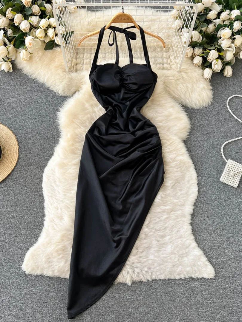 Summer Dress Women Black Satin Irregular Dress Elegant Lace-up Halter Padded Sleeveless Backless Folds Sexy Club Party Dresses
Summer Dress Women Black Satin Irregular Dress Elegant Lace-up Halter Padded Sleeveless Backless Folds Sexy Club Party Dresses