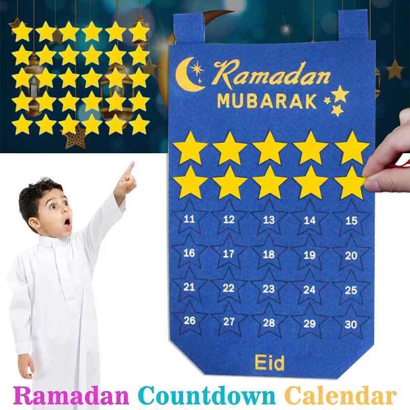 

45*28CM Ramadan Countdown Calendar Felt Advent Calendar For Kids Gift Islamic Muslim Eid Mubarak Decoration 2023 Party Supplies