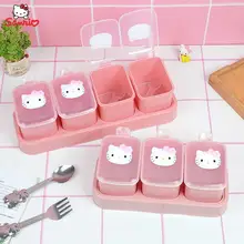 Kawaii Sanrio Hellokitty Seasoning Pots Anime Seasoning Box with Lid Salt Shaker with Spoon Storage Box Set of Kitchen Supplies
