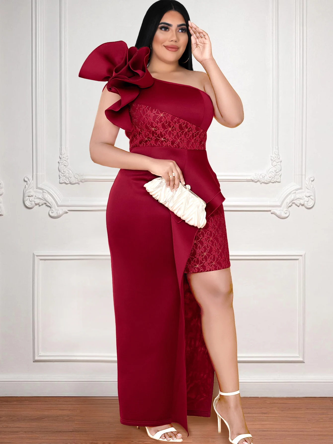 

Burgundy Lace Dresses One Shoulder Ruffles High Waist Irregular Patchwork Evening Cocktail Evnet Party Gowns for Ladies Summer