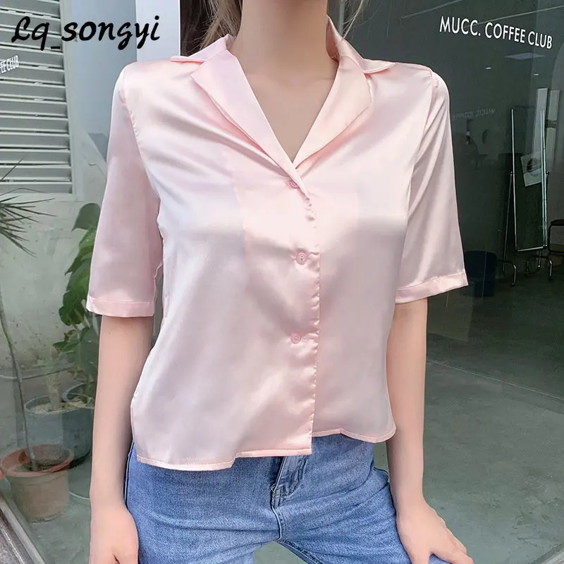 2023 Summer Silk Blouse Korean Style Short Sleeve Pink Shirt Women Elegant Button Ladies Crop Tops Female Short Shirts
2023 Summer Silk Blouse Korean Style Short Sleeve Pink Shirt Women Elegant Button Ladies Crop Tops Female Short Shirts