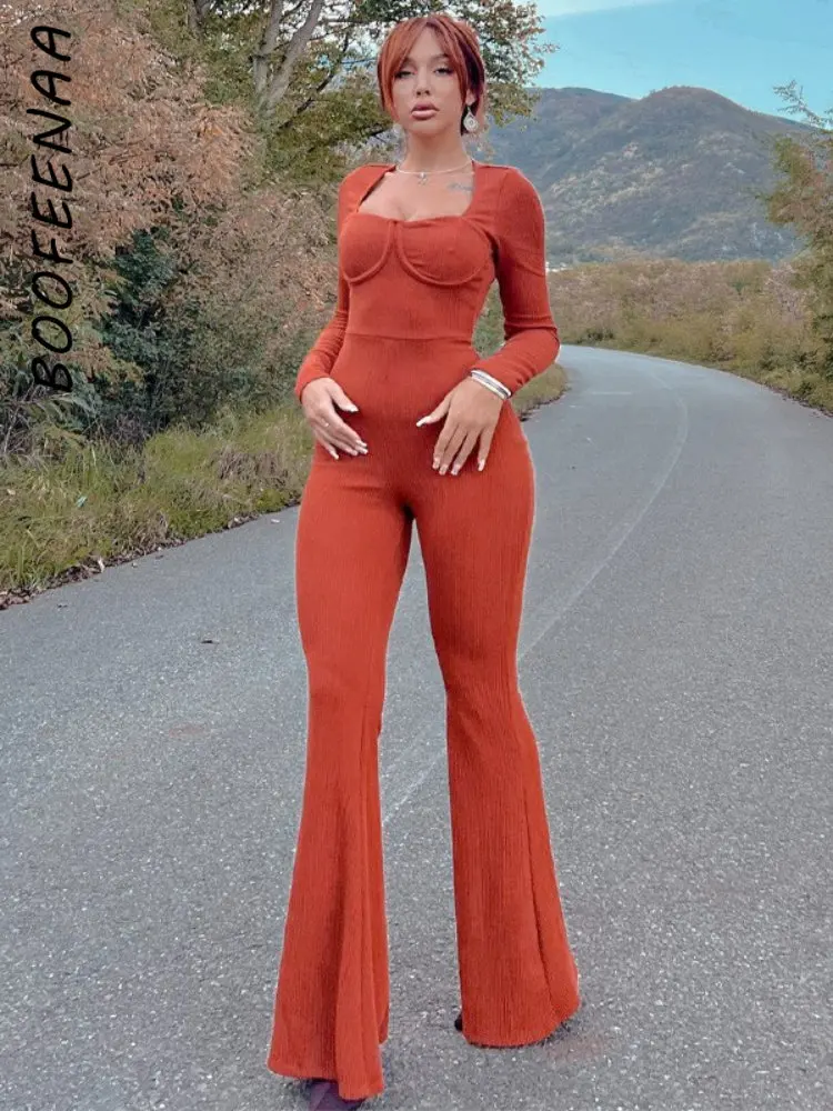 

BOOFEENAA комбинезон с квадратным вырезом и длинным рукавом 2023 модная женская одежда элегантные сексуальные расклешенные брюки ребристые трик...